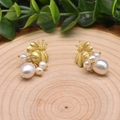 Golden bee baroque pearl earrings on a rustic wood base with a nature-inspired design - Flower Skirt Bee Style 6