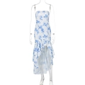 Blue floral off-the-shoulder dress with irregular ruffle hem and white background - Blue and White Floral