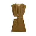 Detail of a brown sleeveless mini dress with waist cut-outs and pleated shoulder design - S / Earthy Yellow