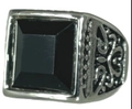 Retro stainless steel men's signet ring with a square black gemstone inlay - Vintage Pattern Style (24403)