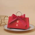 Elegant red wedding candy gift box with wooden ring handle and fishtail ribbon detail - Red Wedding+Red Ribbon / Small Size (do Not Use Wooden Rings)