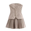 Women's khaki pinstripe tube vest top and pleated mini skirt two-piece outfit set - XS / Apricot