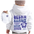 White kids hoodie with purple Ocean Beach California floral back print and ribbed cuffs - 100cm / White (Purple Print)