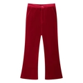 Dettaglio dei pantaloni a zampa in velluto rosso scuro con bottone singolo e tasche - S / Pantaloni Rosso Vino