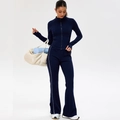 Navy blue women's 5-piece yoga set with slim fit zip jacket and side stripe flare pants - S / Dark Blue (Yoga Jacket + Flare Pants)