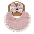 Pink cotton muslin baby bib and lace headband set on a brown cardboard display card - Blush