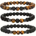 Dreiteiliges Set aus Tigerauge und Vulkanstein Perlenarmbändern für Herren - Dreiteiliges Set
