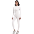 Detail van de witte yoga jumpsuit met hoge stretch, opstaande kraag en halve rits - S / Off-white grijs