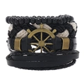 Close-up of multilayer leather bracelet set with vintage bronze helm and woven beads - RH257-5 (Bronze Helm Set)