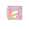 Charm in acciaio inossidabile con un simpatico fantasma bianco e cappello da mago su fondo rosa - Fantasma Cartoon con Cappello (HA-257)