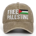 Khaki washed cotton baseball cap with Free Palestine white embroidery and flag logo - Khaki