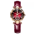 Slim burgundy leather quartz watch with rose gold case and faceted crystal for women - Rose Gold Red Dial