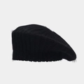 Close-up of black rabbit fur knit beret showing vertical texture and ribbed edge - One Size / Black