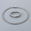 Conjunto de cadena cubana de 12mm en acero inoxidable plateado con collar y pulsera - Conjunto de Joyas Color Acero