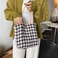 Chic houndstooth pattern tote bag with pink webbing handles and metal buckle clasp - Large Houndstooth