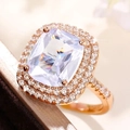 Square cushion cut white zircon ring with double halo setting in rose gold finish - White + Rose Gold