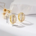Gold wide hoop earrings with white rectangular zircons on elegant white stone background - EH783 Gold Emerald Cut Zirconia Hoops