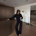 Women's black tracksuit set featuring a half-zip jacket and matching wide-leg trousers - S / Black