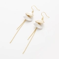 Elegant gold and silver fan-shaped dangle earrings with long tassels on white background - Two-Tone Folding Fan Tassel Drop Earrings (H111)