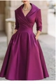 Detailed view of elegant purple satin dress featuring a V-neck and cinched waist design - S / Dresses / Purple