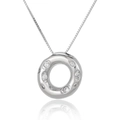 Macro detail of silver circle necklace featuring micro-set cubic zirconia on a box chain - Letter O