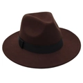 Detailed view of dark brown felt jazz hat featuring an elegant black satin ribbon band - One Size / Coffee