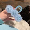 Sweet light blue floral hair claw clip with organza petals and delicate beads - Blue Fabric Flower Claw Clip