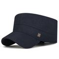 Dunkelblaue Flat-Top-Militärkappe aus Baumwolle mit goldenem quadratischem Metalllogo - Verstellbar / Marineblau