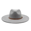 Classic grey wide brim wool fedora hat with brown leather band and metal buckle for unisex - Gray
