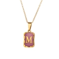 Gold titanium steel necklace with purple glitter rectangle M letter pendant - Letter M