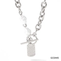 Silver stainless steel chunky chain necklace with pearls and engraved square pendant - Necklace (GCD445)