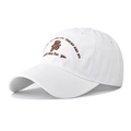 White cotton baseball cap with cute bear embroidery and curved brim in side view - White Cartoon Bear