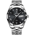 Poedagar men's silver steel business watch with black Roman dial and day-date display - 985 Silver Case Black Dial