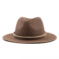 Classic coffee brown straw fedora hat with wide brim and decorative leather band - Brown / 56-58cm