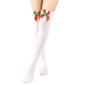Detail of white over-knee Christmas socks with festive red and green bow decorations - One Size / Red Green Double Layer Bow Decor / White