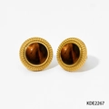 Macro detail of round golden stud earrings with brown tiger eye stone and beaded frame - Tiger's Eye (KDE2267)