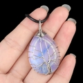 Handmade silver wire tree of life pendant with rainbow teardrop crystal on black cord - Opalite (Synthetic)