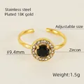 18K gold plated stainless steel open ring with a round black zircon and halo diamonds - Gold with Black Zircon