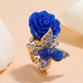 Vintage bohemian rose and butterfly open ring featuring blue resin flower and crystals - Royal Blue