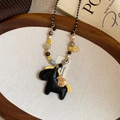 Vintage black leather horse tassel pendant necklace with gold coin and woven rope strap - Horse Pendant (HN10457) / Black