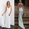 Minimalist white V-neck slip wedding dress with a backless design and fish-tail train - US 4 / White