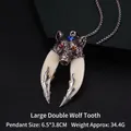 Double wolf tooth pendant necklace for men in antique silver finish with red and blue gems - Large Double Wolf Tooth + 70cm Steel Chain