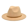 Classic light beige wool fedora hat with flat wide brim and thin gold decorative band - M (56-58cm) / Beige