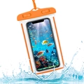 Orange waterproof phone pouch with secure seal being lifted from splashing water - Fluorescent Style / Orange
