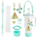 Mint green accessory set with braided handle, tassels and cloud straw cover for tumblers - Mint Green Set