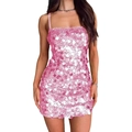 Close-up of pink sequined mini dress featuring fine straps and shimmering party texture - Pink