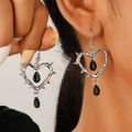 Gothic thorn heart earrings with black teardrop charm shown in a professional studio shot - Black Water Drop Barbed Heart (N-301)