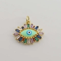 Macro view of evil eye pendant with 18K gold plating and colorful zirconia stones - Bohemian Multicolor Eye