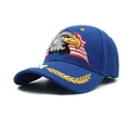 Blue baseball cap with embroidered American flag eagle and golden wheat brim design - Blue Eagle Wheat