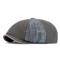Vintage dark gray washed denim newsboy hat with stylish blue-green patchwork panels - Octagonal Grey